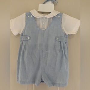 Petit Ami Blue and White Collared Baby Romper with hat 6m